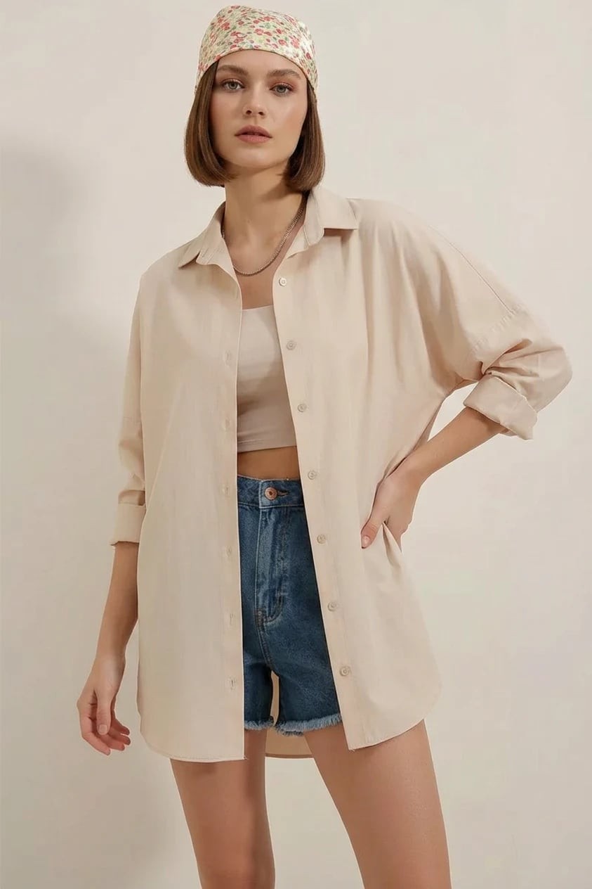  Kadın Oversize Basic Pamuklu Krem Gömlek 