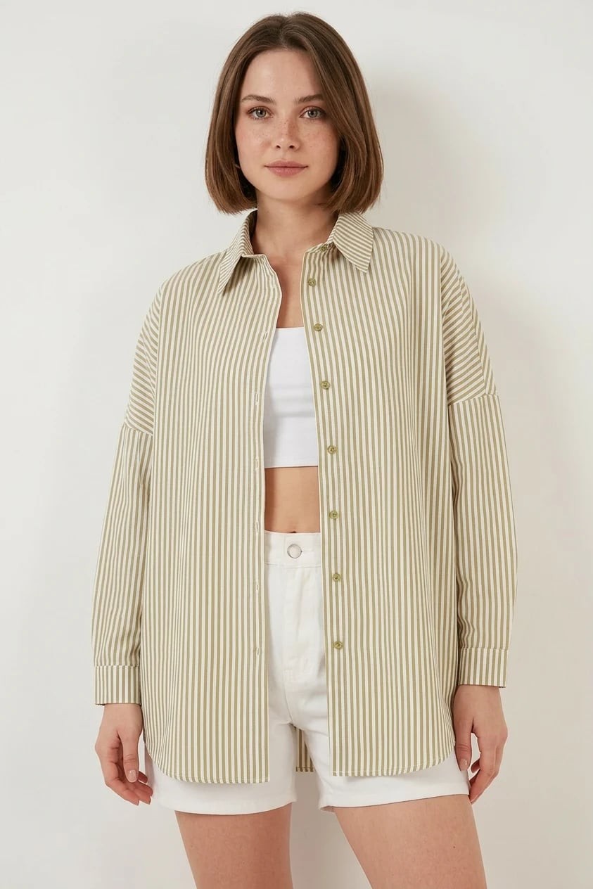  Kadın Oversize Çizgili Pamuklu Çağla Yeşili Gömlek 