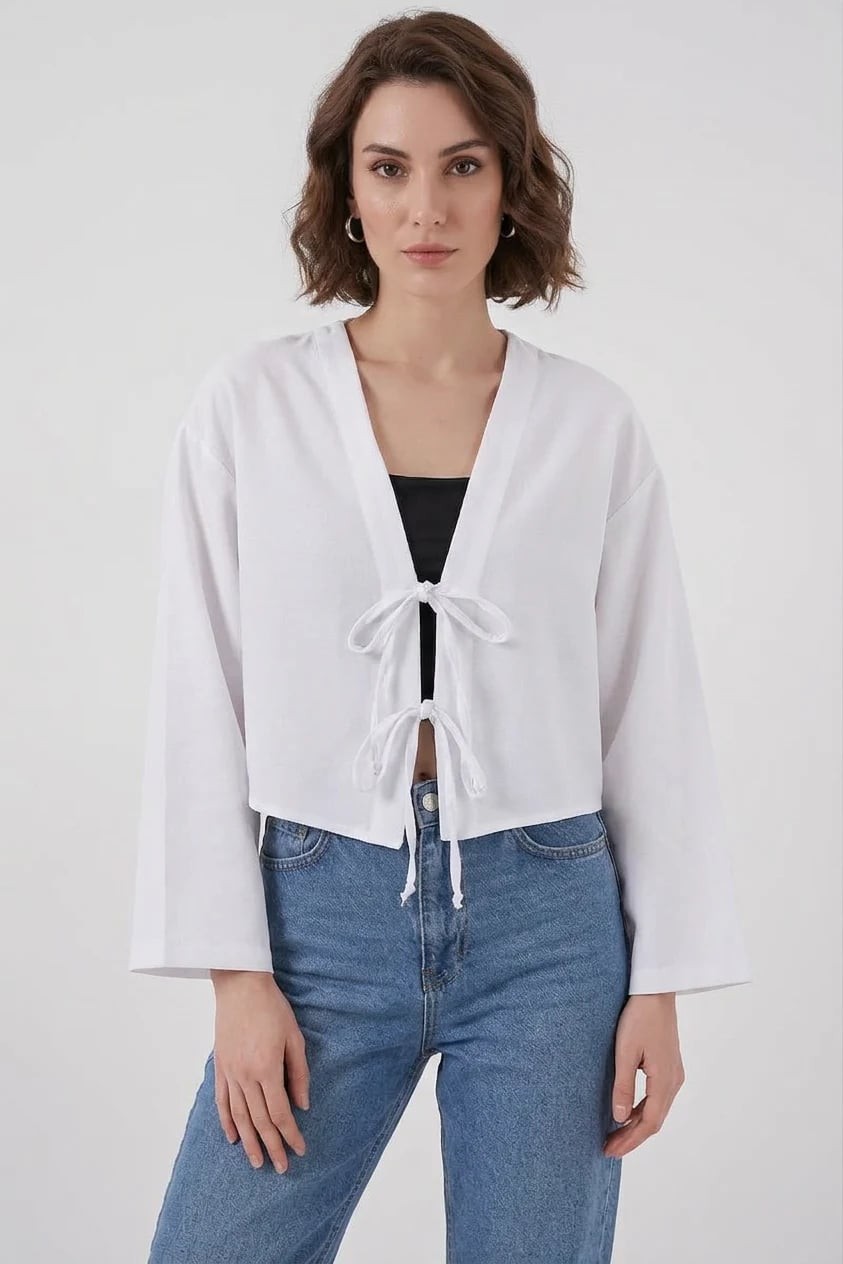  Kadın V Yaka Önden Bağlamalı Önü Viskon Beyaz Kimono 
