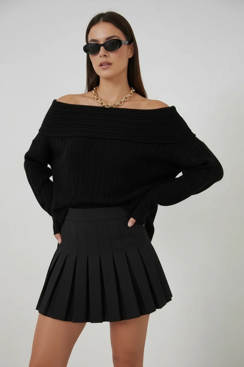  Kadın Oversize Açık Omuz Triko Siyah Kazak 