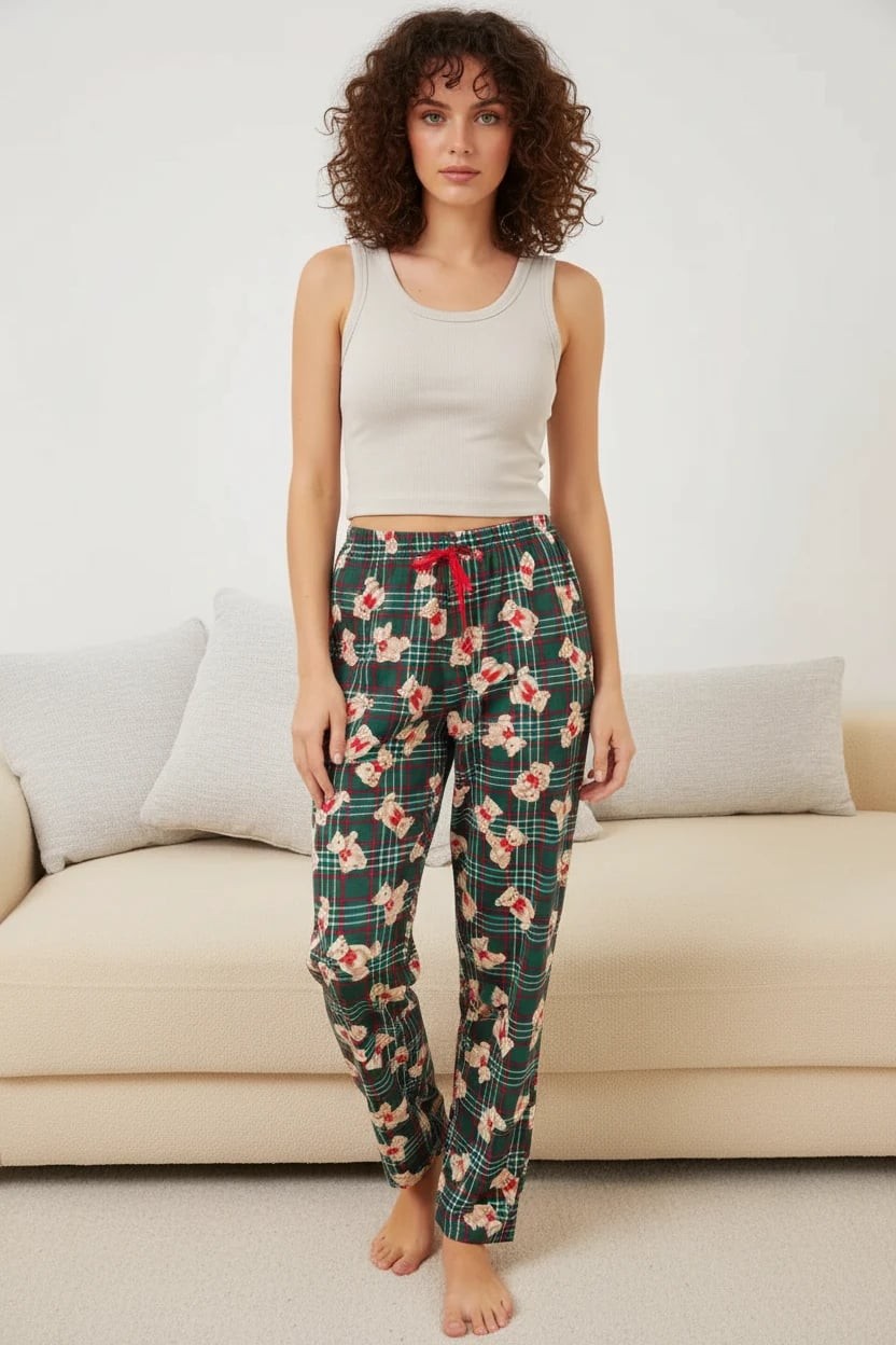  Kadın Beli Büzgülü Kareli Desenli Zümrüt Yeşili Pijama Altı 