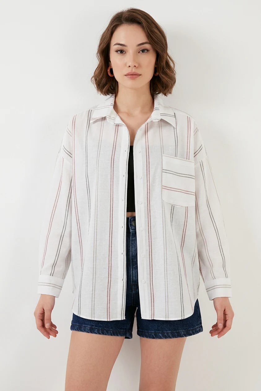  Kadın Oversize Çizgili Pamuklu B.Beyaz Gömlek 