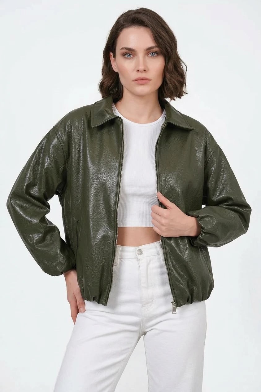  Kadın Klasik Yaka Oversize Haki Ceket 
