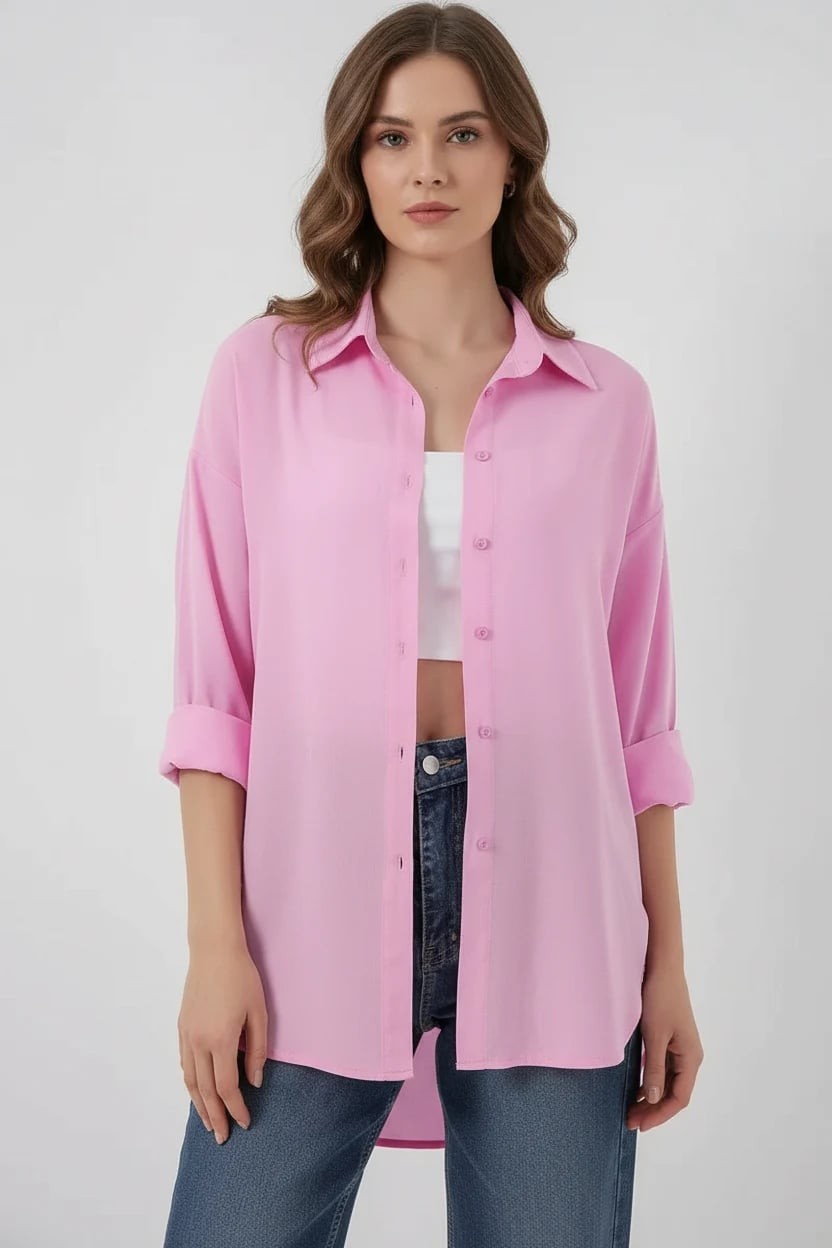  Kadın Oversize Viskon Pembe Gömlek 