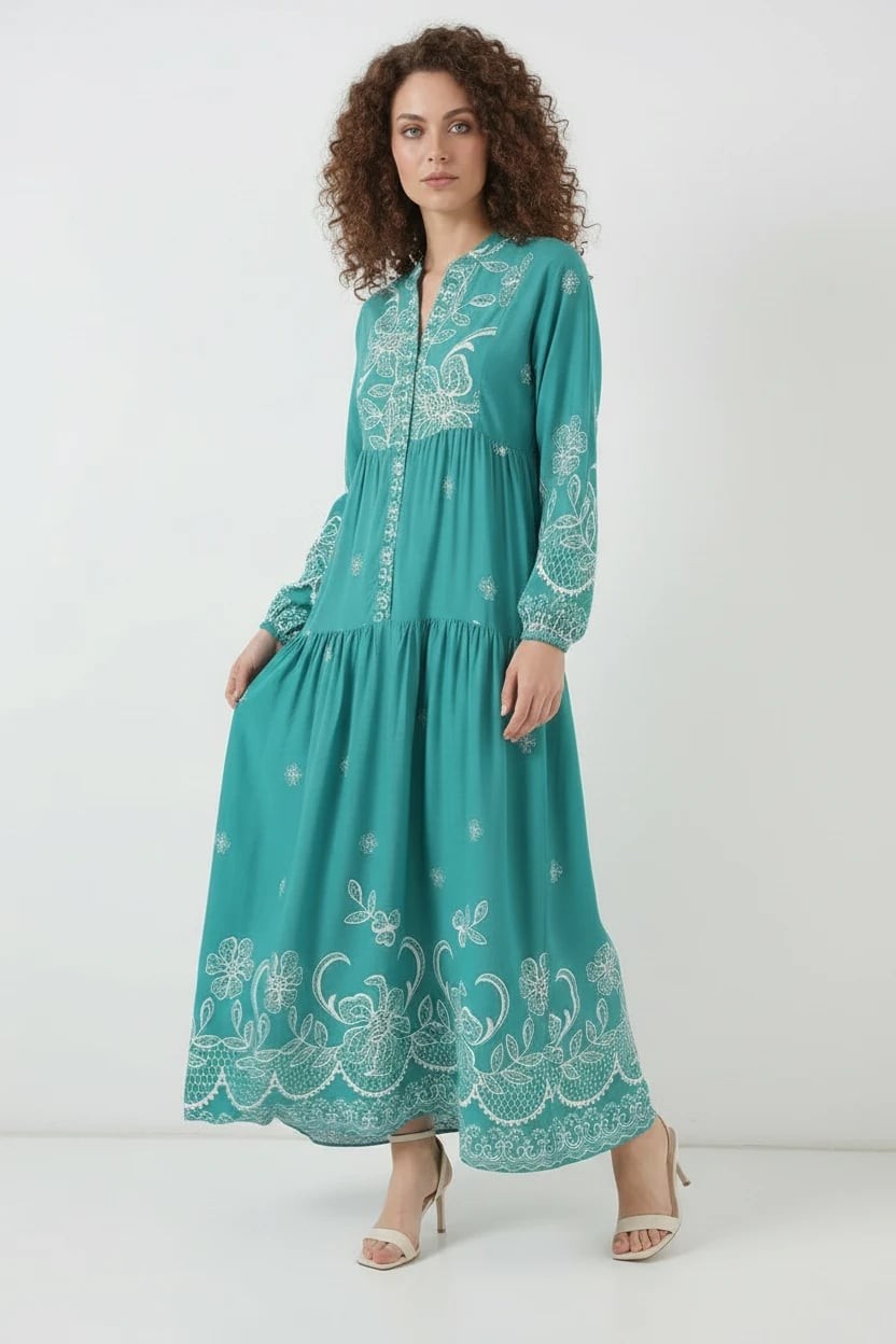  Kadın Gömlek Yaka Beli Büzgülü Uzun Kol Çiçek Desenli Viskon Mint Tesettür Elbise 