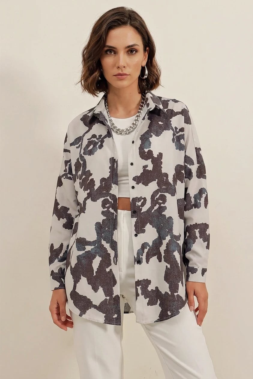 Kadın Basic Oversize Desenli Pamuklu Siyah Gömlek