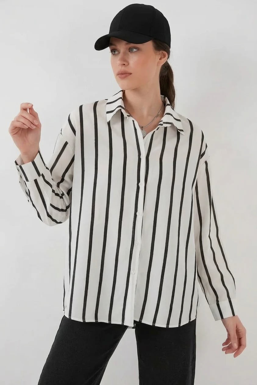  Kadın Basic Oversize Çizgili Siyah Beyaz Gömlek 
