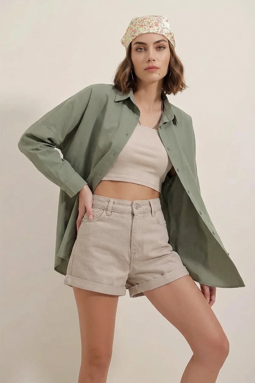  Kadın Oversize Kesim Basic Pamuklu Haki Gömlek 