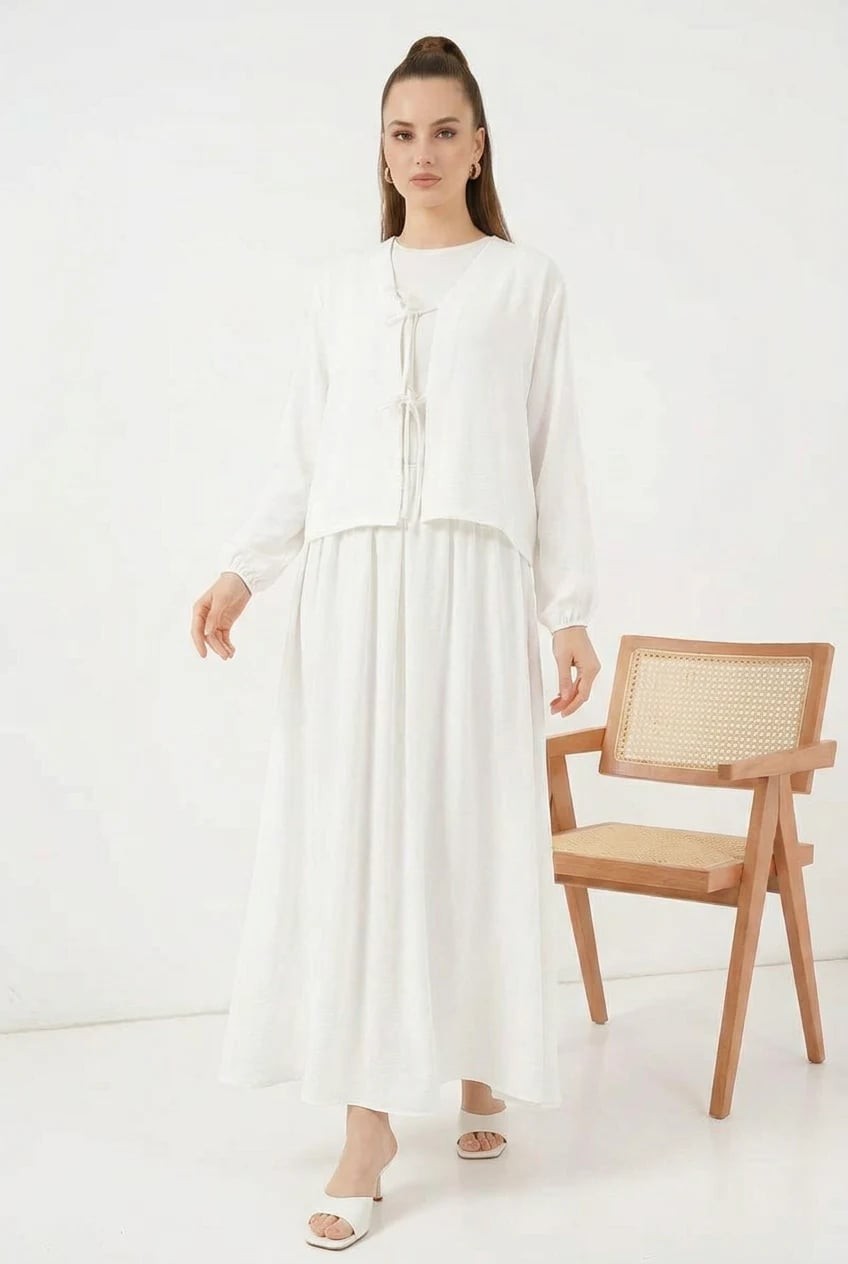 Kadın Kimono Yaka Beli Büzgülü Çiçek Desenli Beyaz İkili Takım 