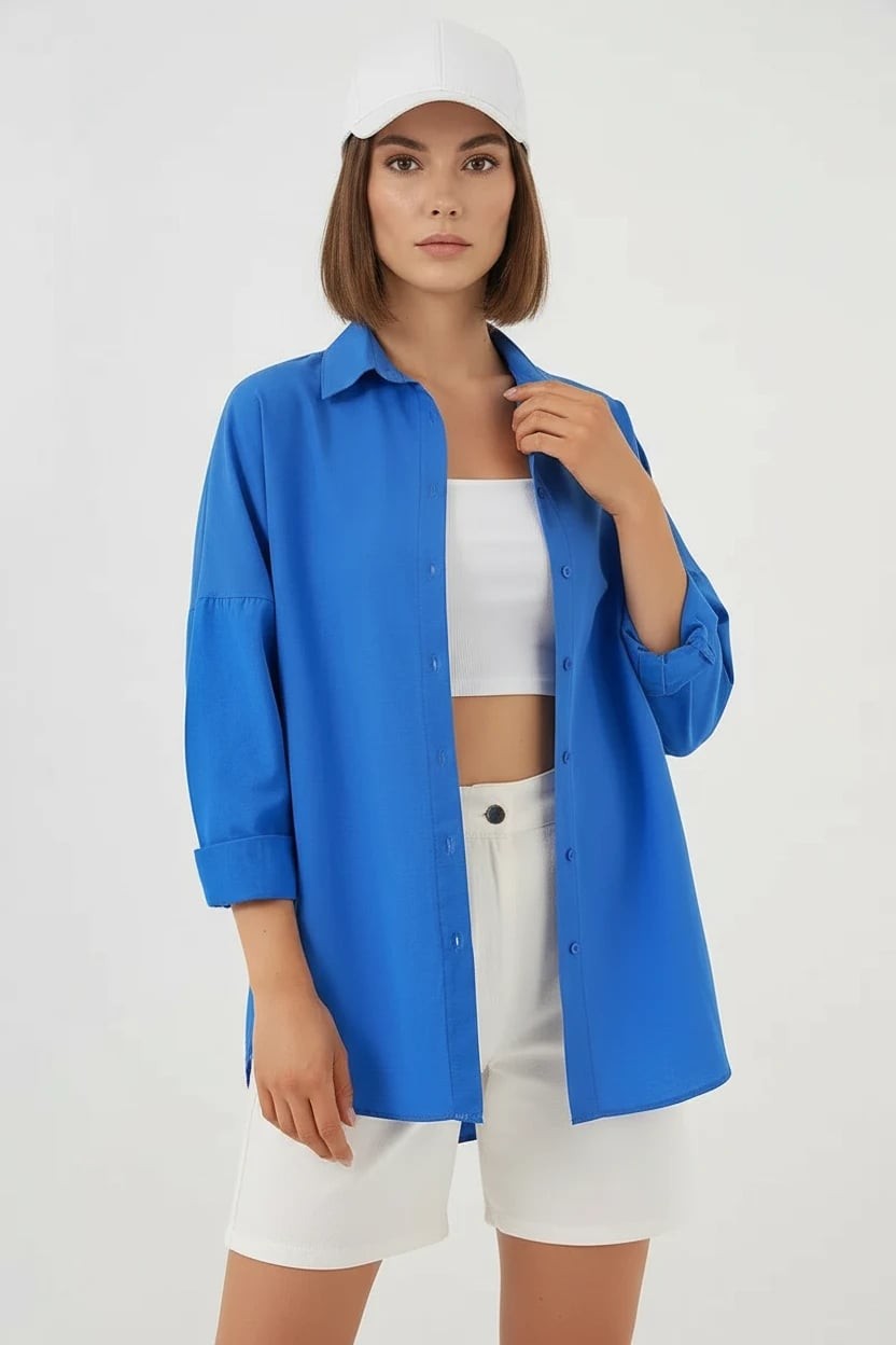  Kadın Uzun Kol Basic Oversize Pamuklu Mavi Gömlek 