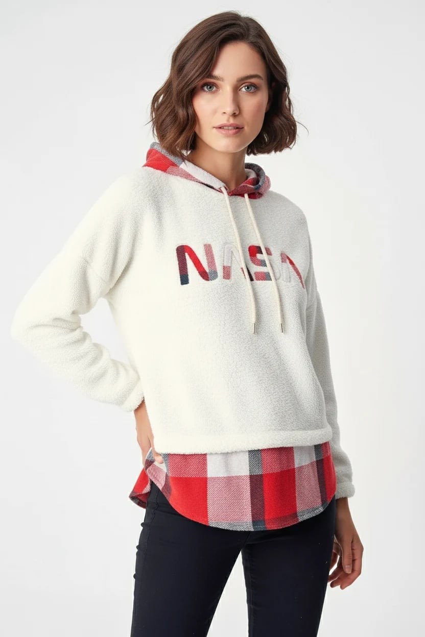  Kadın Kapüşonlu Ekose Desenli Beyaz Sweatshirt 