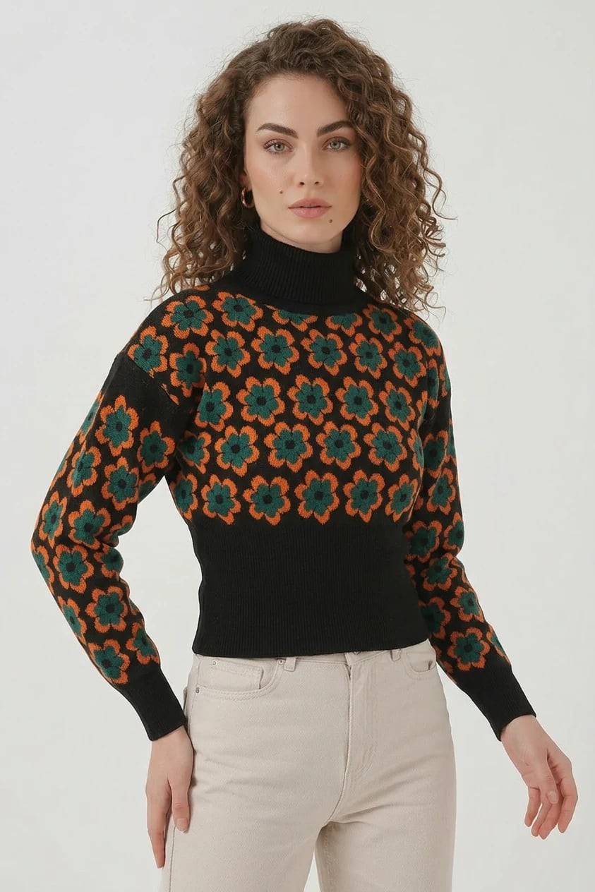 Kadın Boğazlı Crop Çiçek Desenli Oranje Kazak 