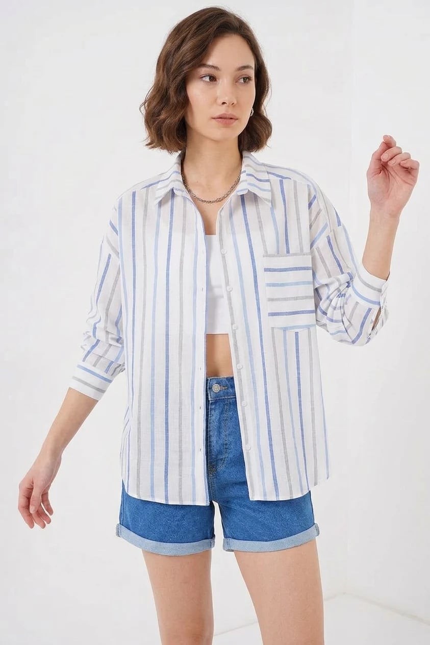  Kadın Oversize Çizgili Pamuklu Mavi Gömlek 