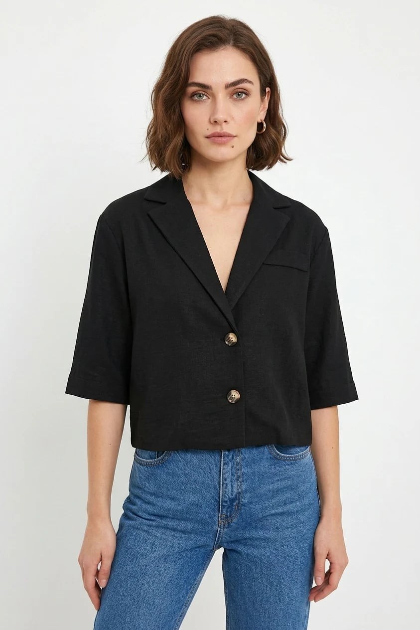  Kadın Klasik Yaka Crop Kısa Kol Oversize Düğmeli Keten Siyah Ceket 