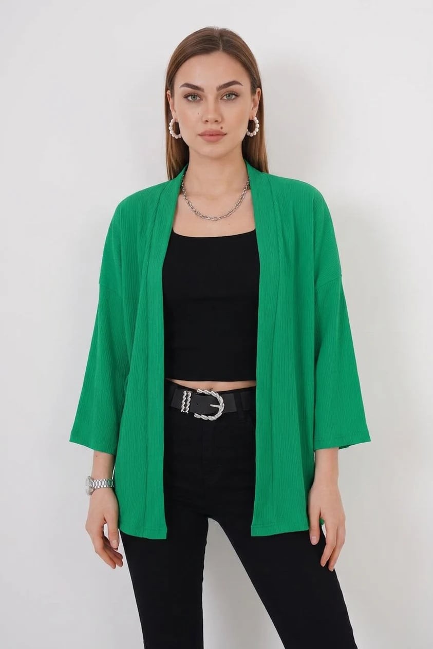  Kadın Yaka Dikey Fitilli Yeşil Kimono 