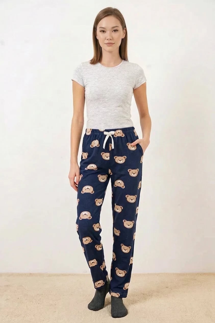  Kadın Bel Lastikli Desenli F.Lacivert Pijama Altı 