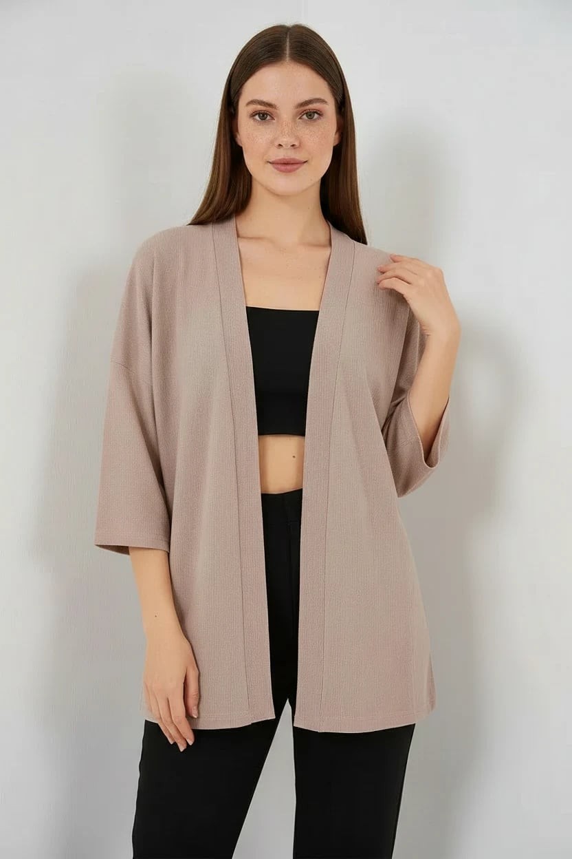  Kadın Gömlek Yaka Dökümlü Kol Bej Kimono 