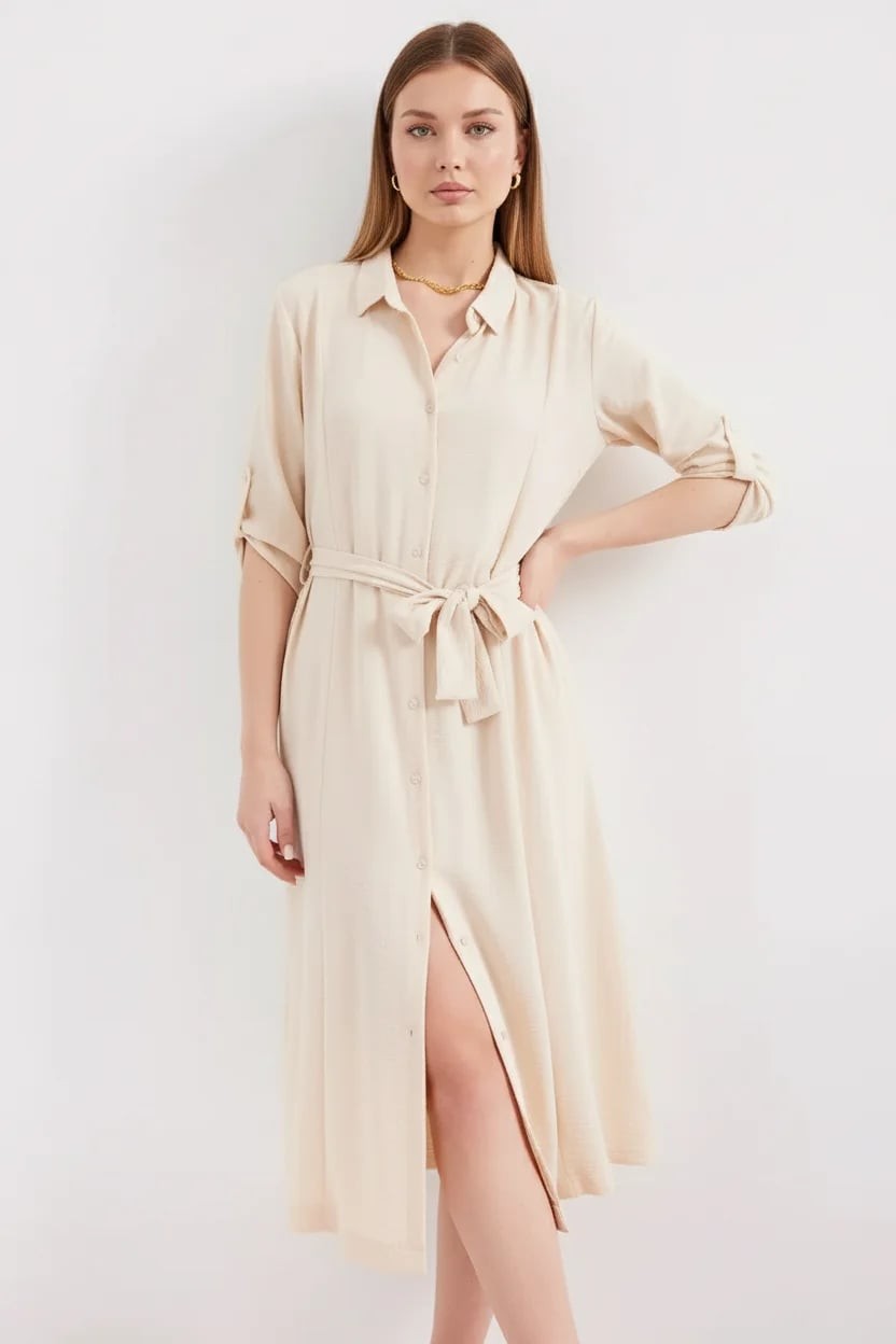 Kadın Gömlek Yaka Kuşaklı Krem Elbise