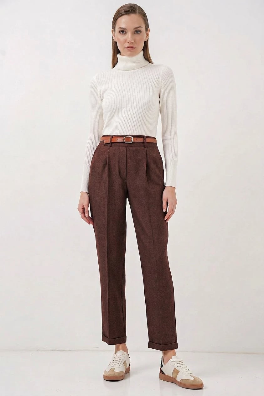 Kadın Kemerli Pamuklu Kahverengi Pantolon