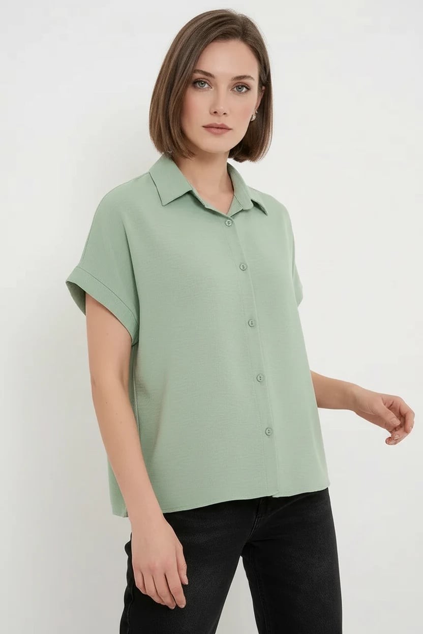  Kadın Kısa Kol Oversize Çağla Yeşili Gömlek 