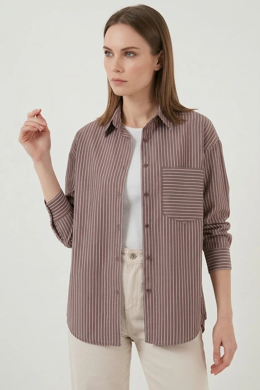  Kadın Oversize Tek Cepli Çizgili Pamuklu Kahverengi Gömlek 