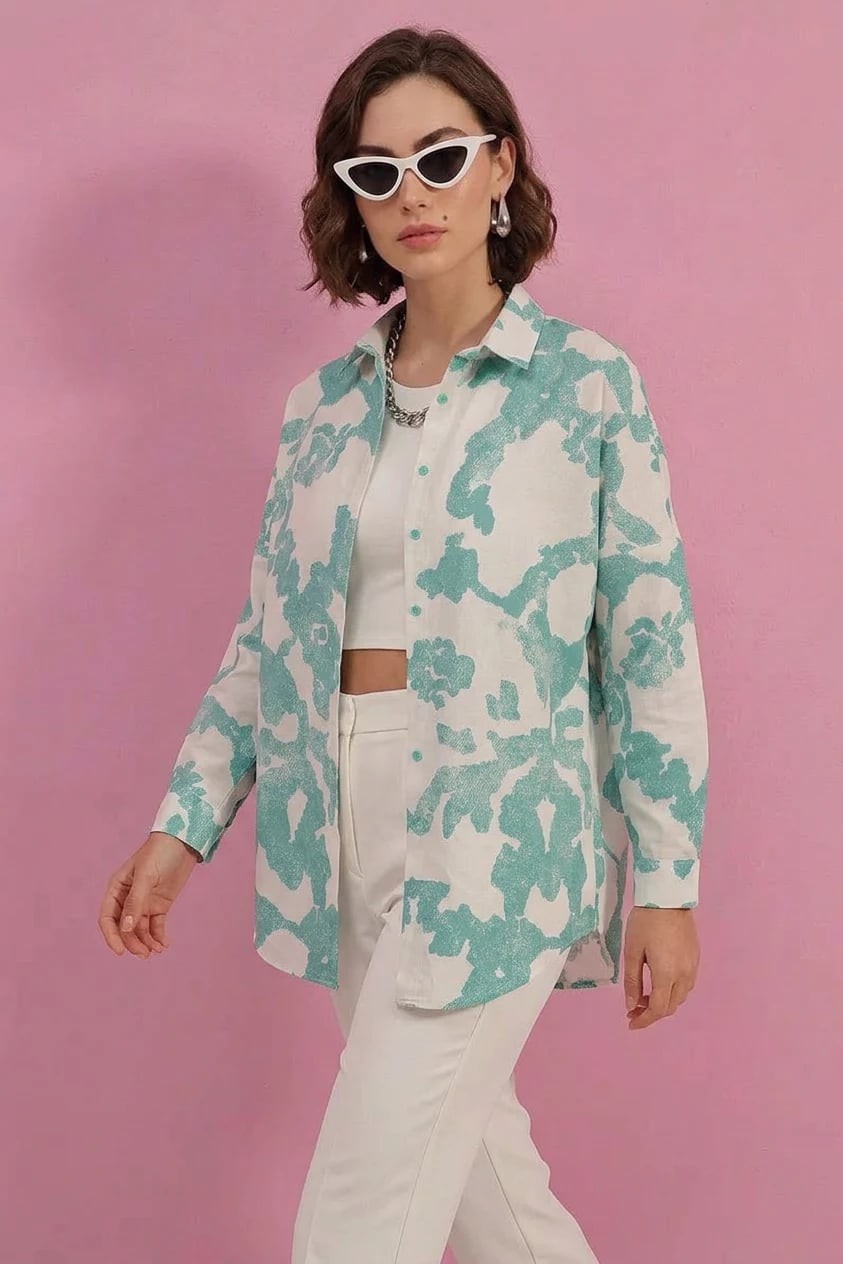  Kadın Basic Oversize Desenli Pamuklu D. Mint Gömlek 