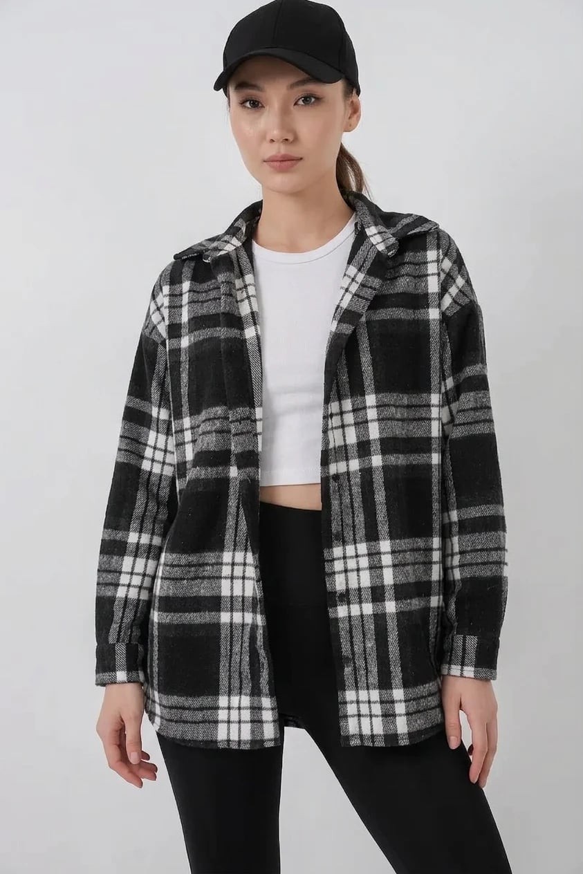  Kadın Oversize Ekose Desenli Pamuklu Siyah Gömlek 