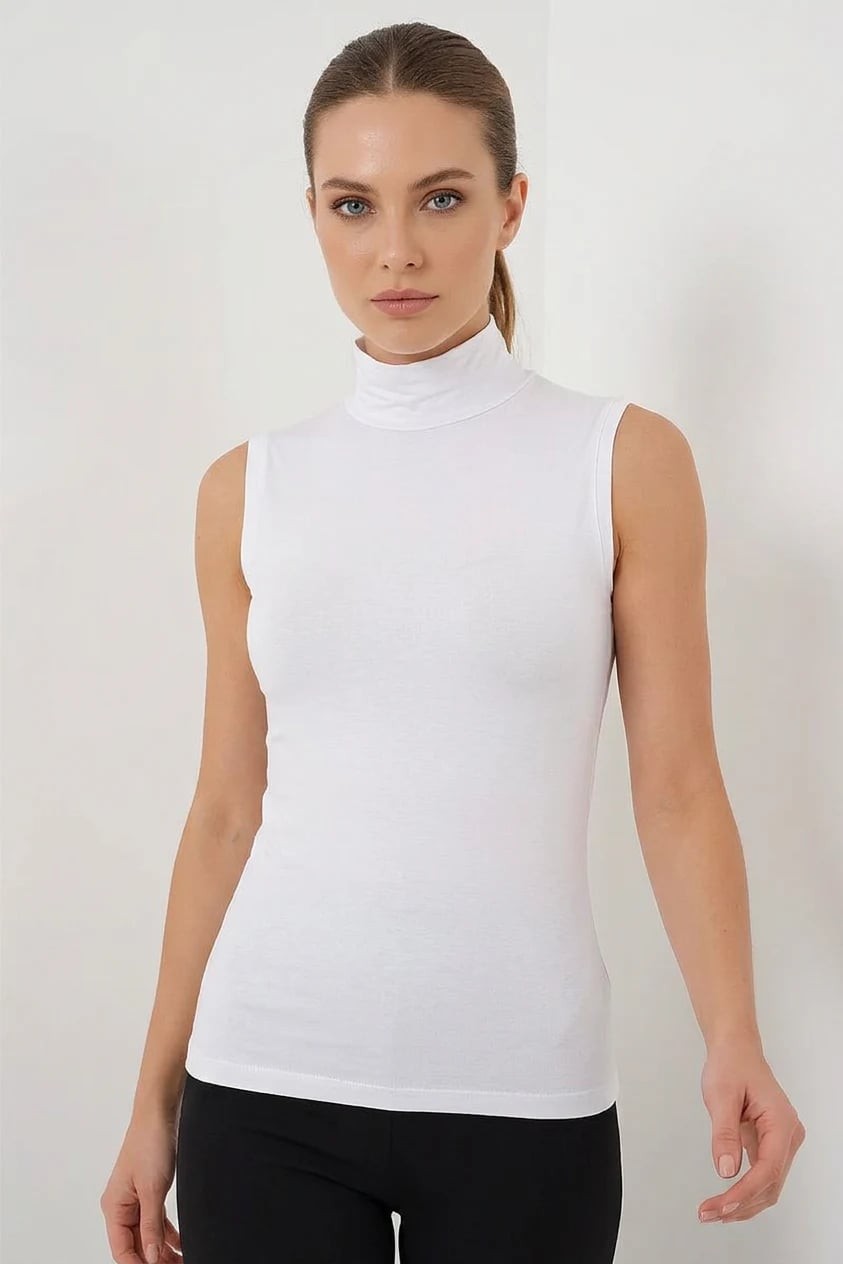  Kadın Balıkçı Yaka Kolsuz Viskon Beyaz Body 